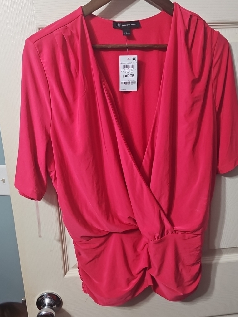 INC International Concepts Elbow Surp Knit V Neck Wrap Top Hot Pink Satin Size L